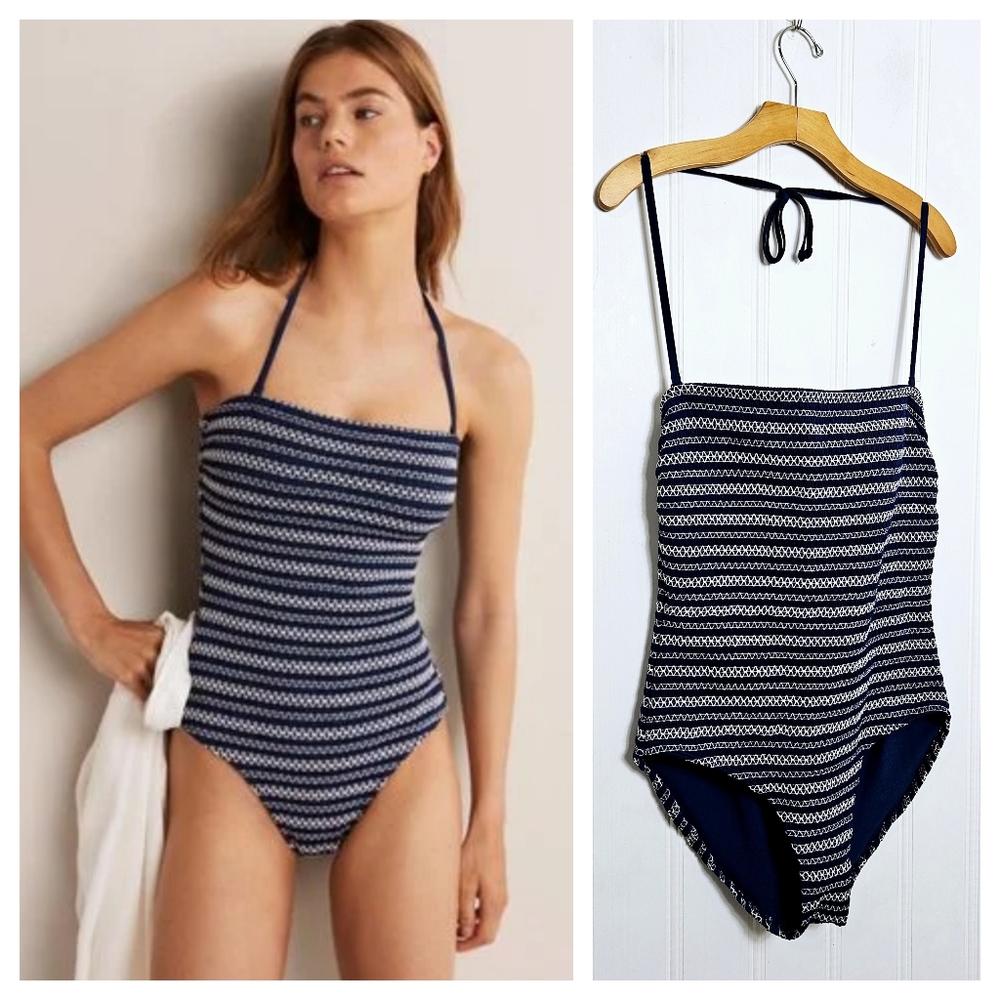 Boden Milos Smocked One Piece Swimsuit 14 Navy Zig Zag Coastal Old Money
